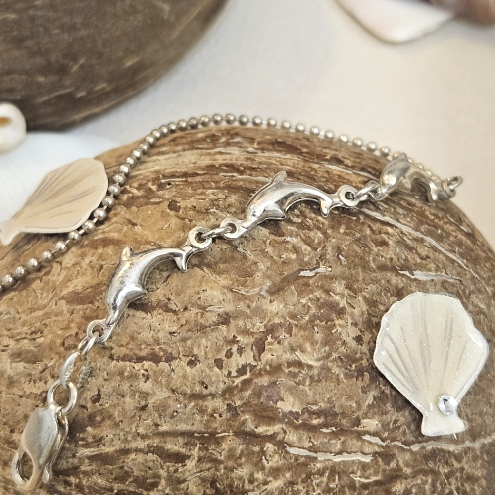 Sterling Silver Dolphin 925 Ball Link Anklet 9"